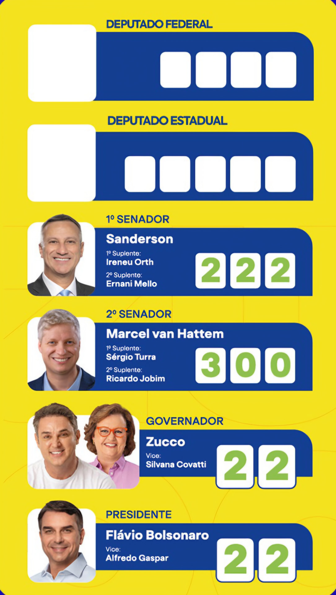 Colinha oficial: Zucco 22 Governador, Sanderson 222 e Marcel van Hattem 300 Senadores, Flávio Bolsonaro 22 Presidente